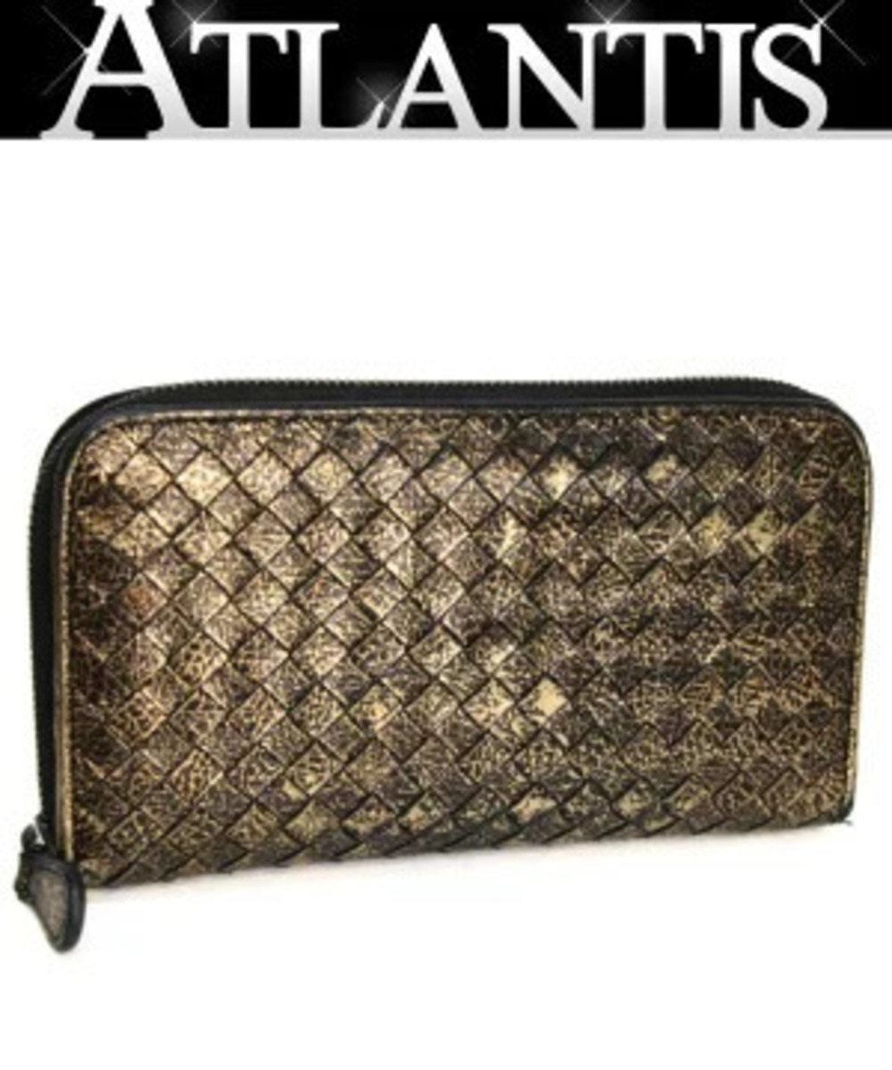 Bottega Veneta Intrecciato Round Zipper Long Wallet Leather Gold x Black